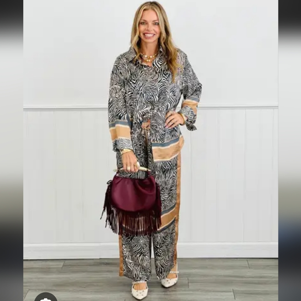 POL Zebra Print Wide-Leg Jumpsuit with Tan & Black Stripes - Picture 2 of 6